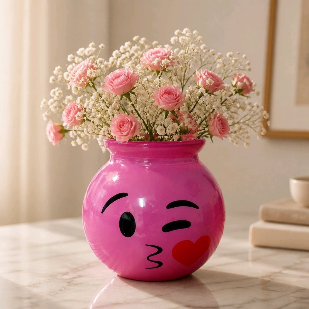 Pink Glass Emoji Kiss Small Vase Hand Blown 3 1/2 Inches Tall